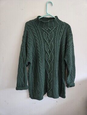 Vintage MODA Women’s L Green Cable Knit Sweater Tunic Ramie Cotton Chunky Knit
